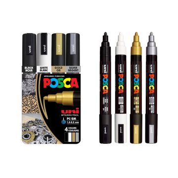 POSCA® PC-5M Water-Based Paint Markers, Medium Reversible Tip (1.8–2.5 mm), 4 Count Assorted Colors