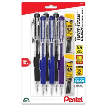 Pentel Twist-Erase Click Mechanical Pencil, 6 Pack with 2 Pack of Lead Refill - 0.9mm