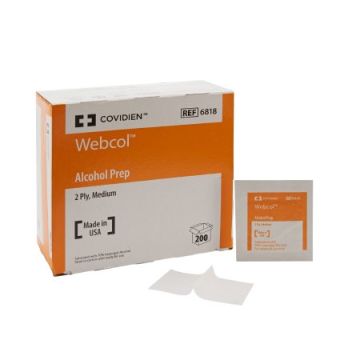 Webcol 70% Alcohol Prep Pads Wipes by Kendall Healthcare - Box of 200 - Medium -1 X 1-1/4 Inch