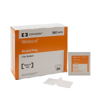 Webcol 70% Alcohol Prep Pads Wipes by Kendall Healthcare - Box of 200 - Medium -1 X 1-1/4 Inch