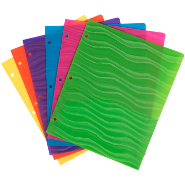 9 1/2 x 11 5/8 Plastic Heavy Duty 3 Hole Punch Folders - 6 Pack - Assorted Wave