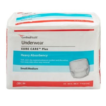 Unisex Adult Absorbent Underwear Sure Care Plus Pull On with Tear Away Seams Disposable Heavy Absorbency - Small / Medium-34 to 46 Inch Waist / Hip / Bag/20