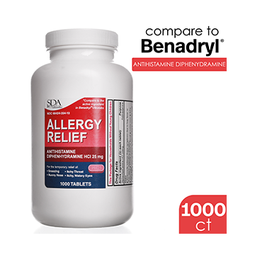 SDA Labs Allergy Relief - Diphenhydramine 25mg, 1000 Tablets (Generic Benadryl)