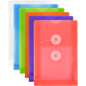 4 1/4 x 6 1/4 Open End Plastic Envelopes with Button & String - 6 Pack - Assorted