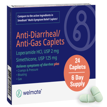 WELMATE Anti-Diarrheal & Anti-Gas - Loperamide 2mg & Simethicone 125mg, 24 Caplets (Generic Imodium Multi Symptom Relief).