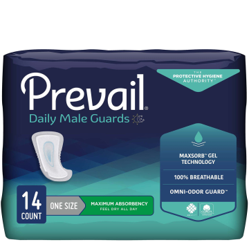 Prevail Male Guards 12-1/2 Inch Length Heavy Absorbency Polymer Core One Size Fits Most - Package of 14