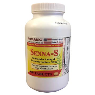 PHARBEST Laxatives - Sennosides 8.6mg & Docusate Sodium 50mg, 1000 Tablets (Generic Senokot-S)