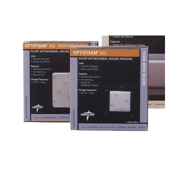 Optifoam Ag Foam Dressing with Ionic silver 4" L x 4" - Box of 10 - Adhesive