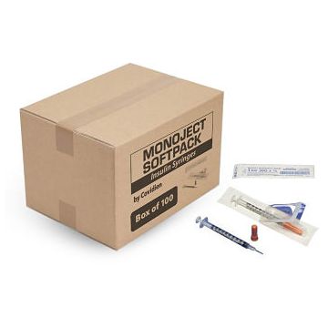 Monoject SoftPack Insulin Syringes by Covidien - Box of 100 - 28G x 1/2 Inch, 1/2 cc
