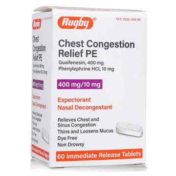 RUGBY Mucus & Sinus Relief - Guaifenesin 400 mg + Phenylephrine HCl 10 mg, 60 Tablets