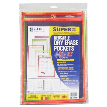 C- Line 9" x 12" Assorted Neon Reusable Dry Erase Pockets 10pk - CLI-40810 - Clearance Sale