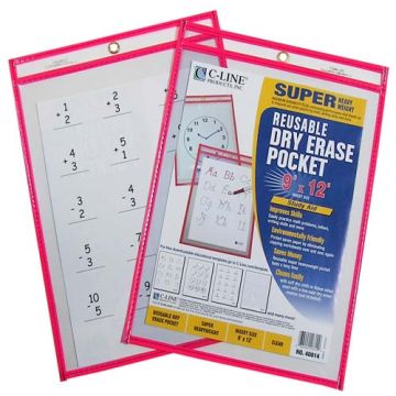 C-Line 9" x 12" Neon Red Reusable Dry Erase Pockets 30pk - CLI-40814