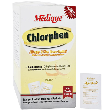 Chlorphen Allergy, Sinus and Hay Fever Relief Medicine Chlorpheniramine Maleate 4mg Unit Dose Tablets 250 Packets