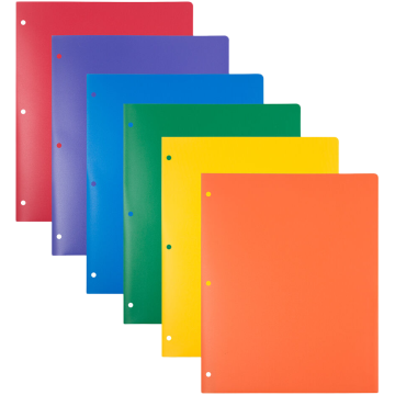 9 x 12 Plastic Heavy Duty 3 Hole Punch Folders - 6 Pack - Assorted Primary