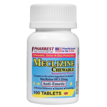 PHARBEST Nausea Relief - Meclizine 25mg, 100 Chewable Tablets (Generic Bonine)