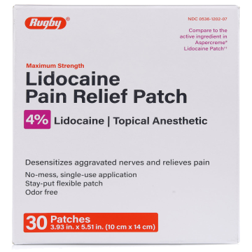 RUGBY Pain Relief - Lidocaine Patches 4%, 30 Patches (Generic Aspercreme)