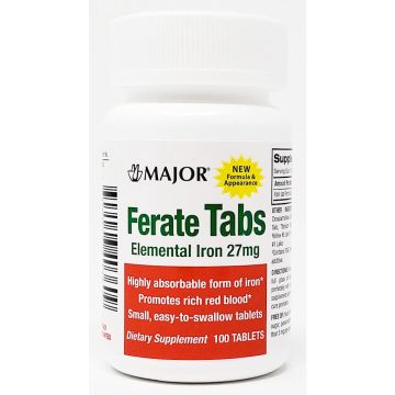 Ferate Tabs (Ferrous Gluconate) 27 mg 100 Tablets by Major