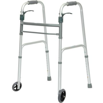 Two-Button Folding Walker by ProBasics - Release Folding Walker with 5" Wheels and Glide Caps-Adult