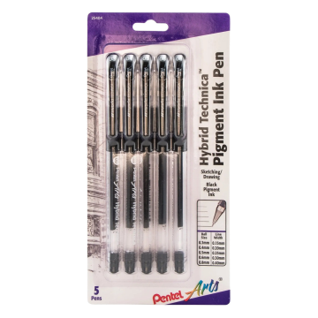 Pentel Arts Hybrid Technica (0.3/0.4/0.5/0.6/0.8mm) Gel Pen, Black Ink 5-Pk