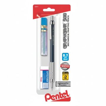 Pentel GraphGear 500 Automatic Drafting Pencil, 0.7mm, Blue Barrel, Lead and Mini Eraser (PG527LEBP)
