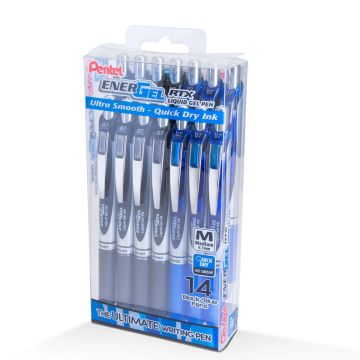 Pentel EnerGel RTX Liquid Gel Pen, (0.7mm) Medium Line, Black and Blue Ink- 14-pk plastic box