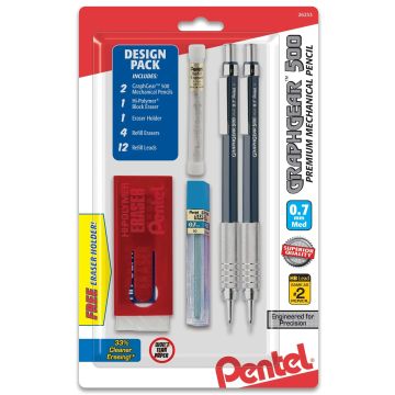 Pentel GraphGear 500 Automatic Drafting Pencil (0.7mm), Blue Barrel 2-Pk with Lead, Refill Eraser Tube & Large Block Eraser with holder