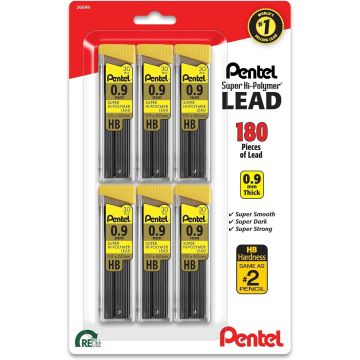 Pentel Super Hi-Polymer Lead Refill (0.9mm) Bold, 30 pcs/Tube, Assorted Packs - 6-Pk