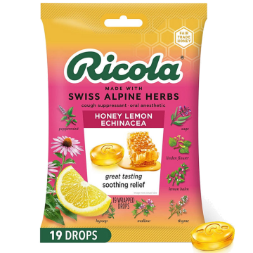 Ricola Cough Drops Suppressant Made with Swiss Alpine Herbs, Honey Lemon Echinacea Flavor 19/Bag