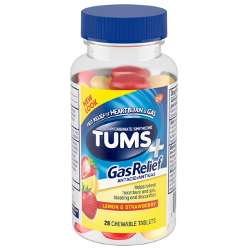 TUMS Antacid Chewy Bites Gas Relief, Lemon & Strawberry, 28 Count