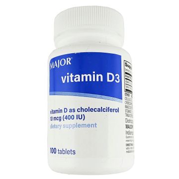 Vitamin D3 10 mcg (400 IU) 100 Tablets by Major