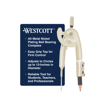 Westcott Metal Ball Bearing Compass with Pencil, Nickel Plated (12201) - 1