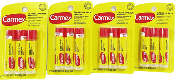 Carmex Classic Lip Balm, 0.15 oz 4 Packages of 3 Each (12 Sticks)